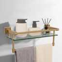 Bathroom Glass Shelf Brushed Gold Finish with Towel Rack, SUS304 Stainless Steel, 16-inch Tempered Glass Shelves for Wall