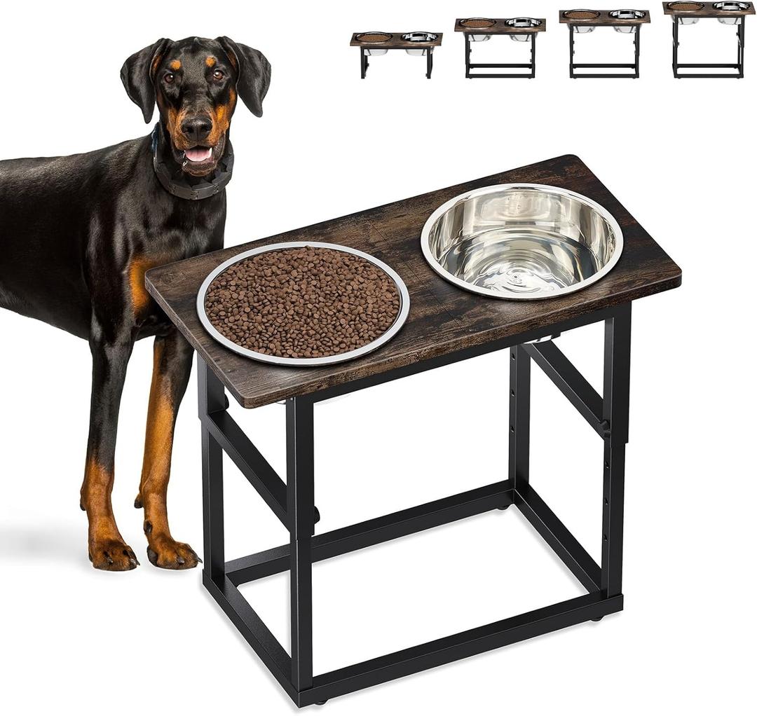 Zarler Elevated Dog Bowls for X-Large and Large Breed, 5 Adjustable Heights from 8.2'' - 17.3'', 2 Stainless Steel Bowls, 8.2'',11.8'',13.7'',15.7'',17.3'' Raised Dogs Food Bowl Stand (Brown)