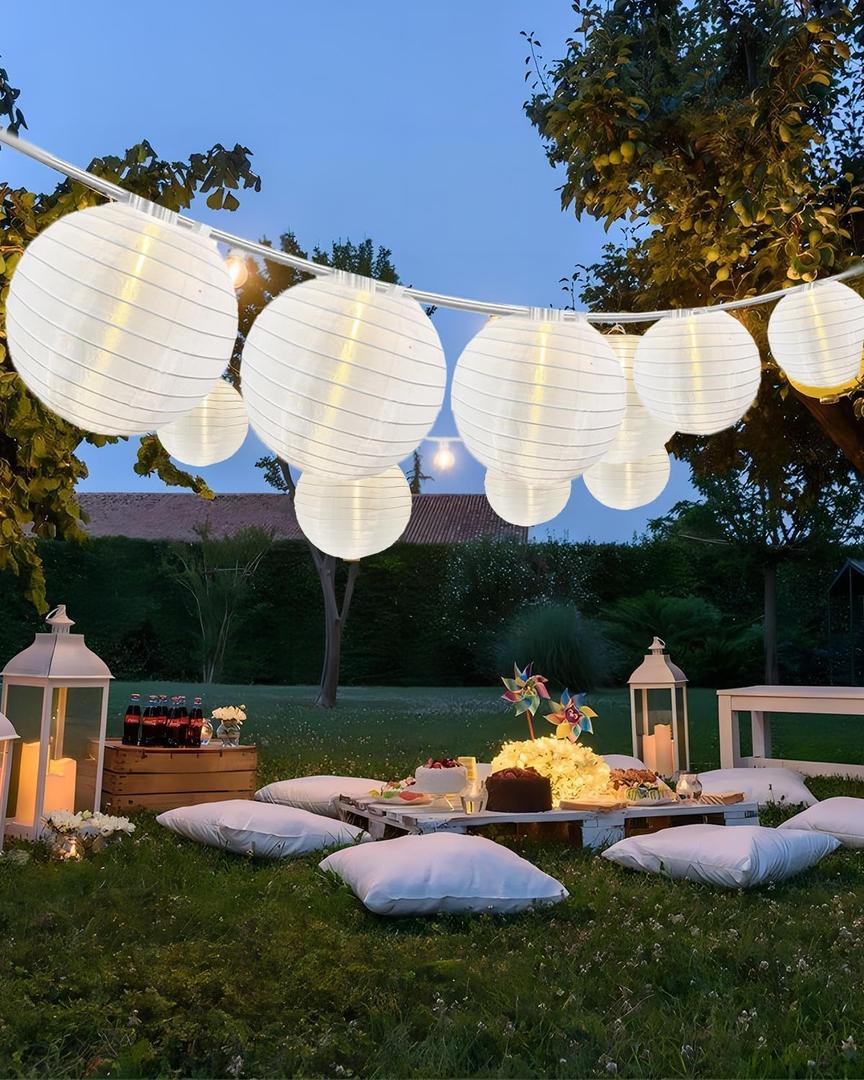 25Ft White Lantern String Lights with 10pcs G40 LED Bulbs, Nylon Hanging Chinese White Lanterns Connectable for Indoor Outdoor, Summer Camping, Wedding, Bedroom, White Wire