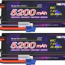 7.4V Lipo Battery 2S 5200mAh 80C Lipos Hard Case with EC3 Connector for RC Car Trucks 1/8 1/10 RC Vehicles(2 Packs)