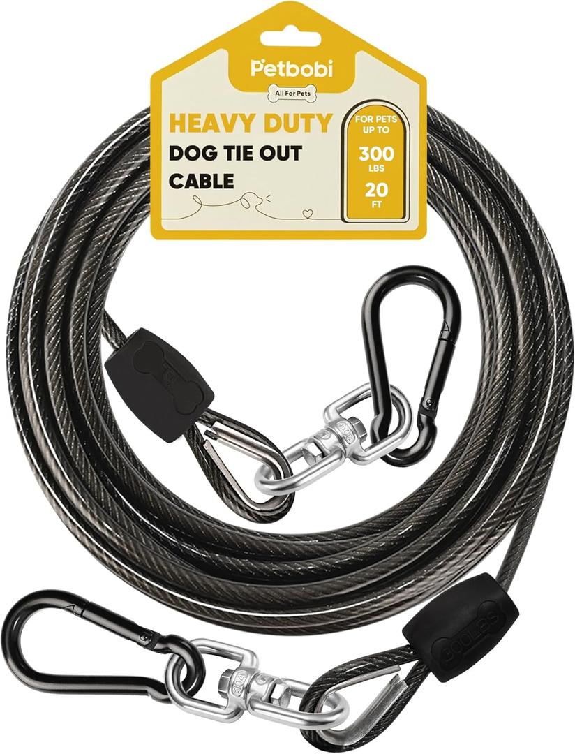 Petbobi Heavy-Duty Dog Tie-Out Cable - 20FT Extra Strong Wire Cable for Large Pets Up to 300Lbs, Rust Proof Dogs Leash with Carabiners and 360 Swivel, Pet Leads for Yard Camping Outside, Black