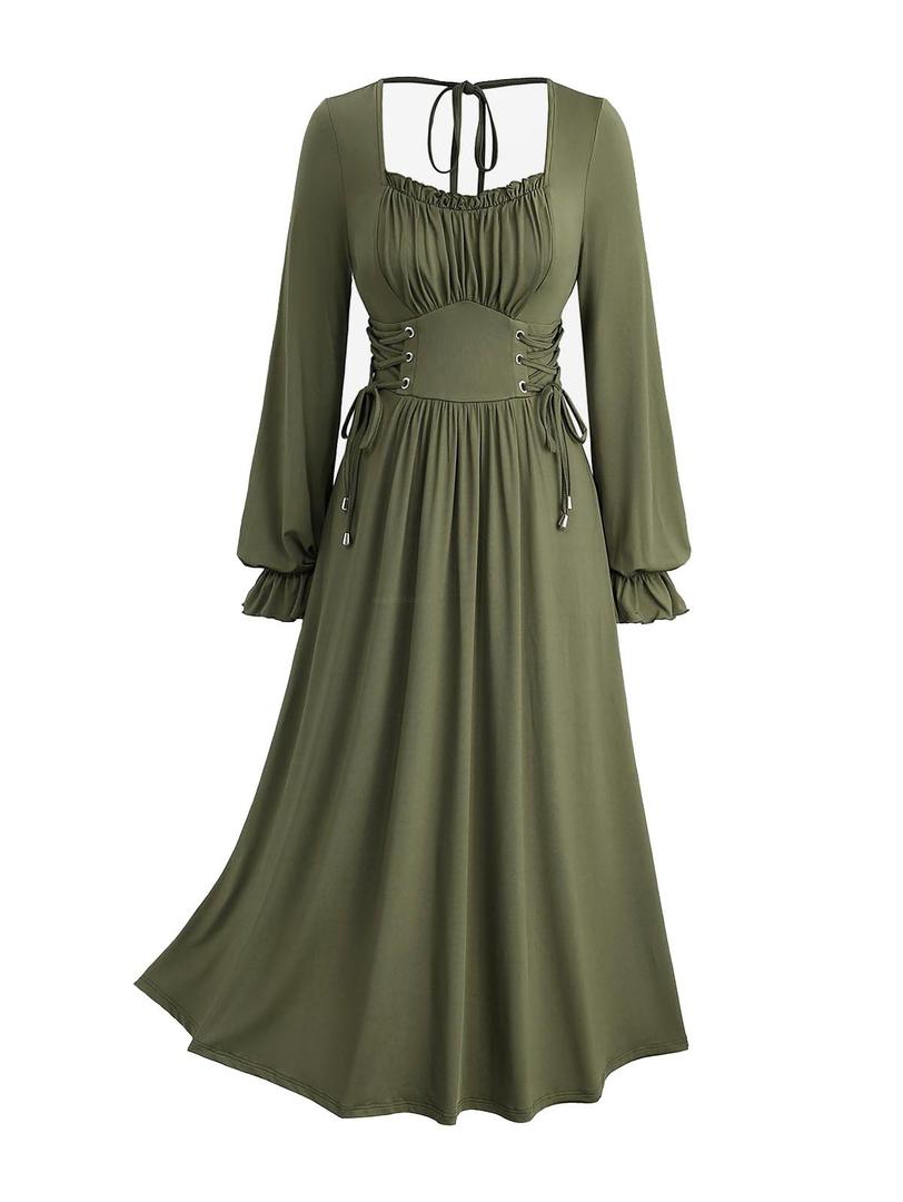 ROSE GAL Plus Size Womens Renaissance Fairy Dress Lace-up Tie Ruffles Pleated Square Neck Flowy Cottagecore Corset Peasant Dress Medieval Costume(Green_1/2X) (XXL)
