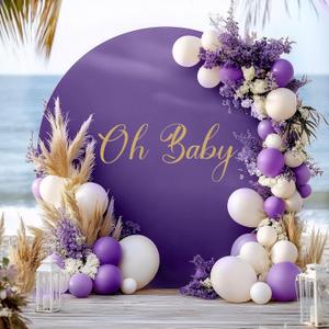 Gallety 7.2 FT Purple Round Backdrop Cover for 5 to 7.2ft Circle Arch Stand with Oh Baby Decal Sign - Adjustable Polyester Arch Backdrop Cover for Wedding Arch Birthday Party Photography Decoration