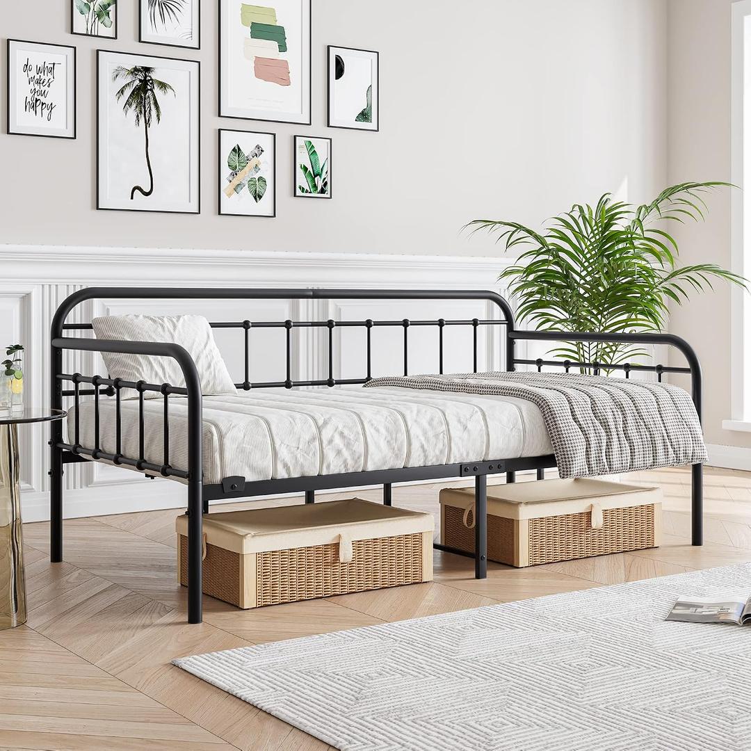 Metal Daybed Frame Twin Size with Steel Slats Platform Furniture, Black (Without Trundle)