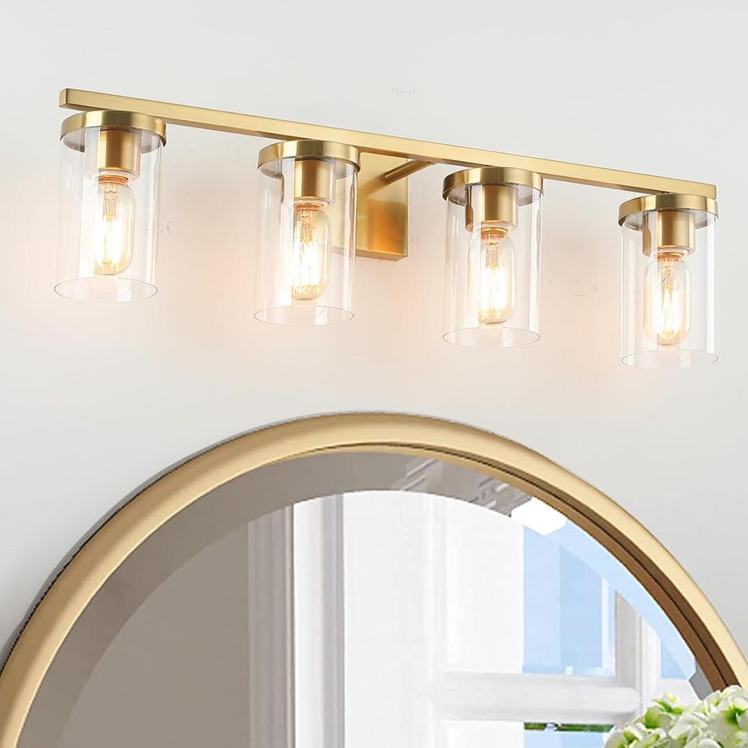 27in Bathroom Light Fixture Over Mirror, 4-Light Gold Vanity Lights with Clear Glass Shades, Modern Wall Sconces for Living Room, Bedroom, Hallway, E26 Base