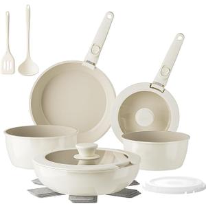 Redchef Pans and Pots Set Nonstick, Ceramic Cookware Set with Detachable Handles, Healthy,Non Toxic, Kitchen Cookware Sets12Pcs, Induction RV Kitchen Set, PFAS PFOA & PTFE Free, Beige White