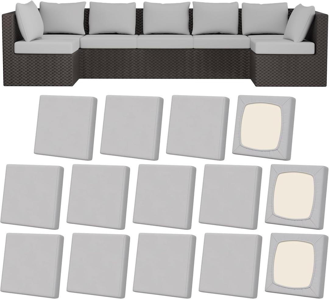 14Pcs Patio Stretch Cushion Covers, Outdoor Couch & Sofa Replacement Slipcovers for Patio Furniture Cushion Covers, Washable Reusable Furniture Protector, Square Large, Air Grey