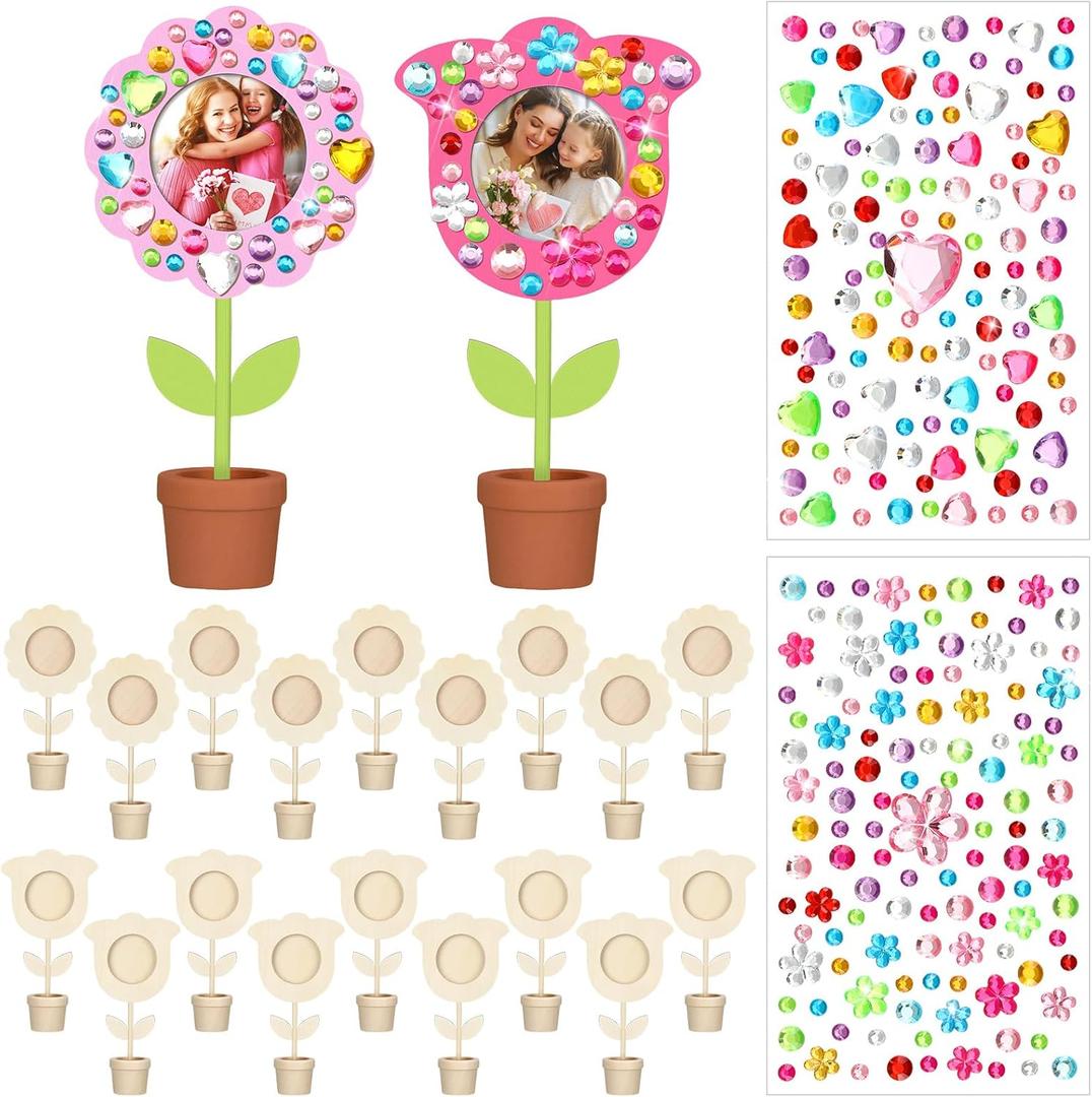 Tellingyou 18 Pcs Mothers Day Crafts Flower Picture Frame Craft Kit Spring Flower Pot DIY Wood Picture Frames with 2 Gems Stickers for Mother's Day Gift Kids(Tulip Shape)