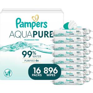 Pampers Aqua Pure Baby Wipes, 99% Water, Fragrance Free, 896 Baby Wipes Total (16X Flip-Top Packs) 