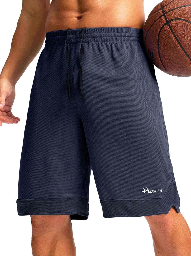 Pudolla Men's Basketball Shorts with Zipper Pockets 11" Long Gym Athletic Shorts for Men Lightweight Quick Dry (Large, Navy)