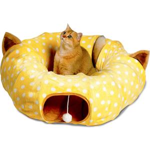 AUOON Cat Tunnel Bed with Central Mat Under Christmas Tree,Big Tube Playground Toys,Full Moon Shape for Kitten,Cat,Puppy,Rabbit,Ferret,Yellow