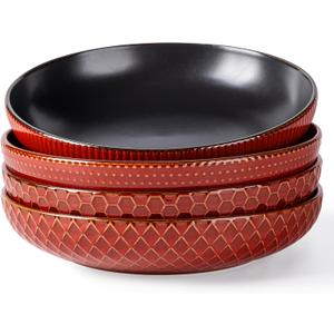 GBHOME 8.5'' Large Pasta Bowls, 36 Ounce Stoneware Salad Bowls for Kitchen, Ceramic Serving Bowls With Textured Pattern for Pasta,Fruit, Stews,Noodle, House-warming Gift, Set of 4-Rythmic Red