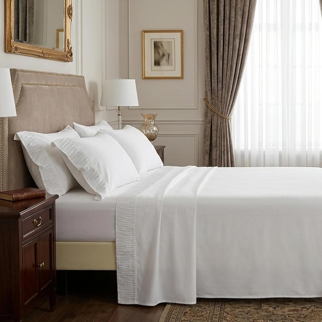 White King Sheet Set - Ruched Pleated, Soft Cooling 4 Piece Bedding, Breathable, Easy Care, 14" Deep Pocket