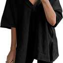 2 Two Piece Outfits for Women Summer Oversized Workout V Neck T Shirts Biker Shorts Matching Sets (Black, S)