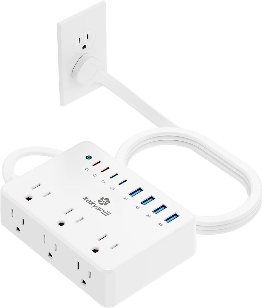 100W Charging Station, 6 AC Outlets 8 USB Power Strip with 2000J Surge Protector, 5ft Flat Plug Extension Cord, Compact for Desk Home Office Dorm, White