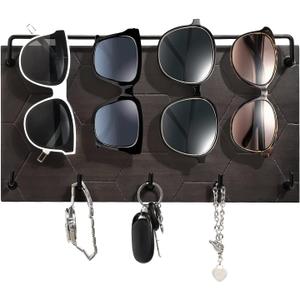 Emibele Sunglass Organizer Wall Key Holder, Decorative Wood Wall Jewelry Organizer Glasses and Sunglass Holder Display with 5 Hooks Key Rack Hanging Eyeglass Storage for Entryway Living Room, Grey