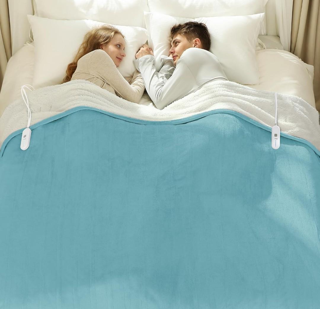 Queen Size Electric Blanket 84" x 90" - Flannel Sherpa Washable Heated Blanket with Dual Control, 5 Heating Levels & 10 Hours Auto Off, Heating Blanket with Overheat Protection for Home(Blue)