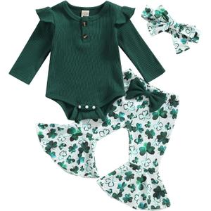 Infant Baby Girl Valentine's Day Outfits Long Sleeve Romper Lace Heart Bodysuit with Red Flare Pants Set 2Pcs (12-18 Months, Clover Green)