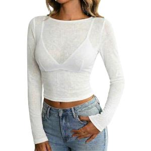SOFIA'S CHOICE Women Asymmetric Ruched Long Sleeve T Shirt Crop Top Boat Neck Casual Fitted Tee Large (White, L)