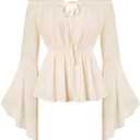 Women's Renaissance Peasant Blouse Medieval Victorian Off Shoulder Long Sleeve Shirt Beige 2XL