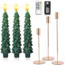 Honoson 3 Sets Flameless Christmas Tree Taper Candles with Holders Remote Control, LED Taper Candles Battery Operated Flickering Candlesticks for Holiday Window Fireplace Decor(Gold)