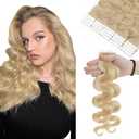 Hairro 16 Inch Tape in Hair Extensions Body Wave Long Human Hair 100g 40pcs/pack Thin Long Hair Seamless Skin Weft Glue in Wavy Human Hairpieces #613 Bleach Blonde