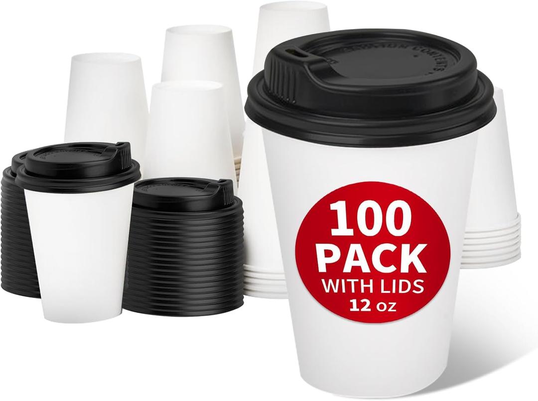 RACETOP 100 Pack 12 oz Disposable Paper Coffee Cups with Lids, Paper Cups with Lids 12 oz, Hot Cups for Home/Office (White)