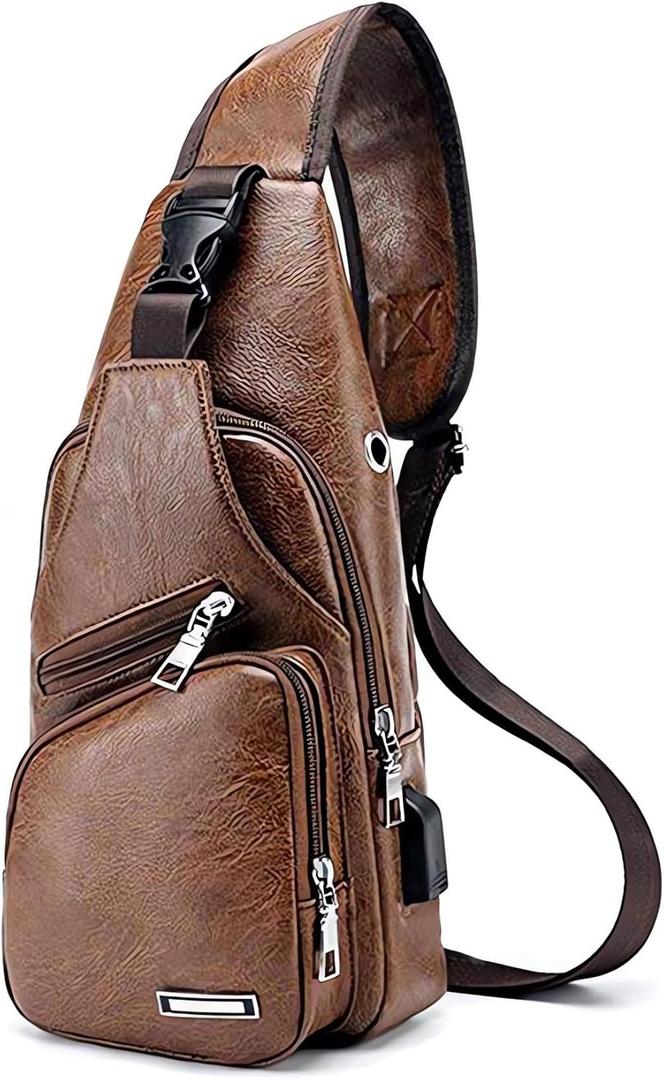 Seoky Rop Men's Sling Bag Small Chest Crossbody Shoulder Bag with USB Charging Port (Brown Leather)