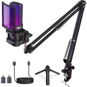 ZealSound Podcast Microphone, USB Mic with Noise Cancellation, Volume & Mute Control, RGB Light, Zero-Latency Monitoring, Gaming Microphones with Boom Arm & Tripod Stand for PC Mac iPhone and Android
