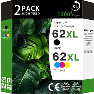 62XL High Yield Ink Cartridges Combo Pack (1 Black/1 Tri-Color 2-Pack) Compatible for HP 62XL 62 Replacement for HP Envy 5540 5640 5660 7644 OfficeJet 5740 5741 8040 200 250 Series Printers