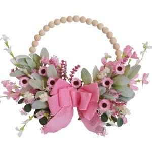 TEMPUS 16" Spring Wooden Beaded Door Wreath Pink Daisy, Burlap Bow Wreath, Valentine's Day, Wedding Indoor and Outdoor Decor Farmhouse Door Decorations