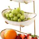 YYW 3 Tier Fruit Bowl for Kitchen Counter, White Ceramic Fruit Basket for Countertop, Home Fruit Stand with Metal Holder, Vegetable Bowl Snacks Nuts Bread Candy Storage (Gold 3-layer)