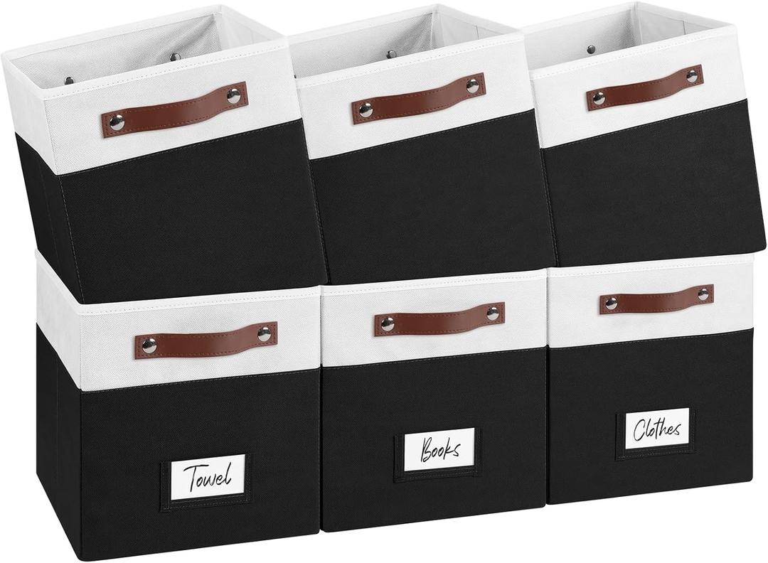 FinishingBo 6-Pack Storage Cubes with Handles & Label Holders Basket, Closet Cube Home Organizer Bins(White/Black, 10.5 x 10.5 x 11 inch)
