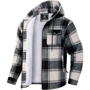 G Gradual Men's Flannel Jacket Fleece Sherpa Lined Hoodies Zip Up Plaid Shirt Warm Winter Jackets for Men with Zipper Pockets (Black White)