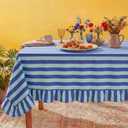 Tudomro 1 Pcs Ruffle Edge Striped Tablecloth, 84'' x 60'' Scalloped Table Cover, Farmhouse Linen Fabric Cloth for Rectangle Table, Dining Room Bridal Shower Wedding Holiday Party(Cobalt, Sky Blue)
