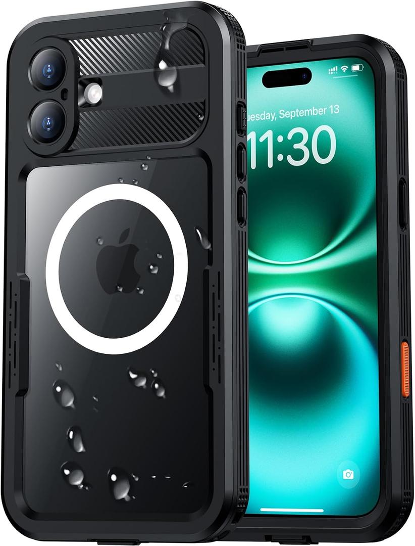 Red2Fire Magnetic for iPhone 16 Case Waterproof, [Built-in Screen Protector][Compatible with MagSafe] [Full Body Shockproof] [Dustproof] Heavy Duty Rugged Phone Cover 6.1" Black