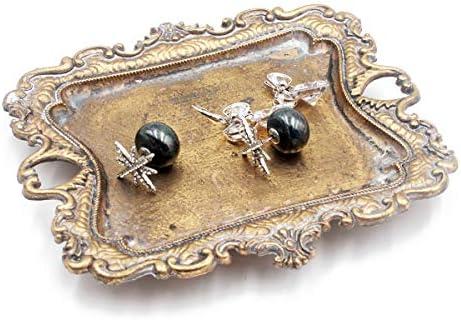 Funly mee Small Antique Trinket Dish Vintage Gold Metal Jewelry Tray, Ring Holder-5.3 x 3.5 x 1.2 inches