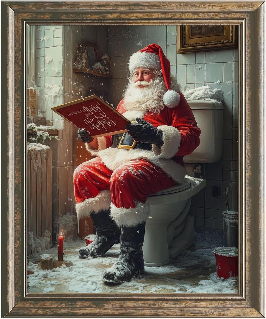 Santa Sitting on Toilet Funny Bathroom Art Print Christmas Wall Art Toilet Humor Decor Cottage-core Art Print Funny Bathroom Decor (8x10 inch Print Unframed)