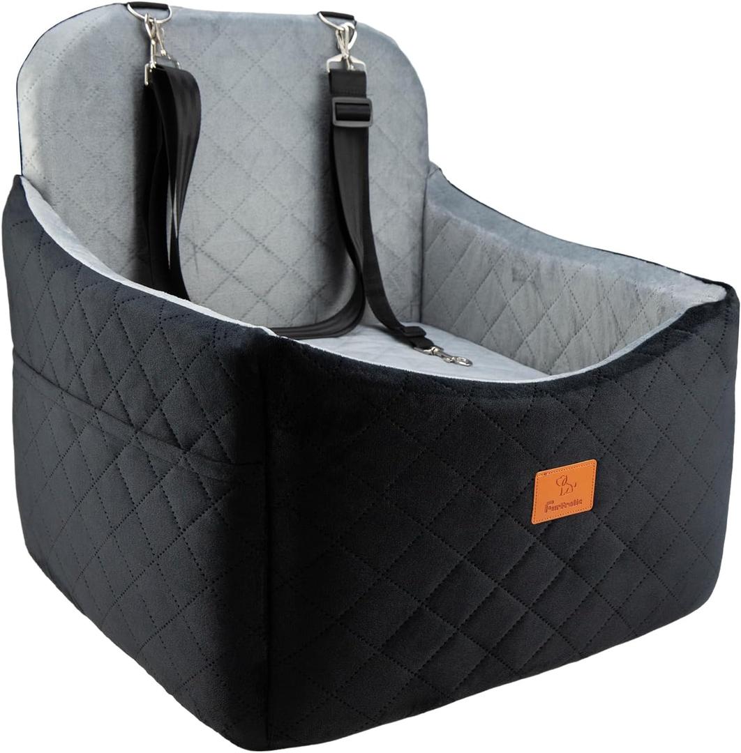 Dog Car Seats for Small/Medium Dogs, FurFrolic Memory Foam Dog Booster Seat for Small Dogs up to 35 lbs, Travel Pet Car Seat with Washable Detachable Cover, Storage Pockets, 2 Safety Belts, Black Gray