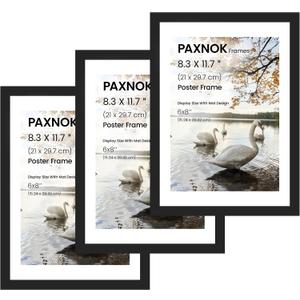 A4 Frame Black - Display 6x8 Picture Frame With Mat or 8.27x11.69 Inch Without Mat, Set of 3, Poster Frames, Certificates Documents Frames, Wall Gallery Photo Frames