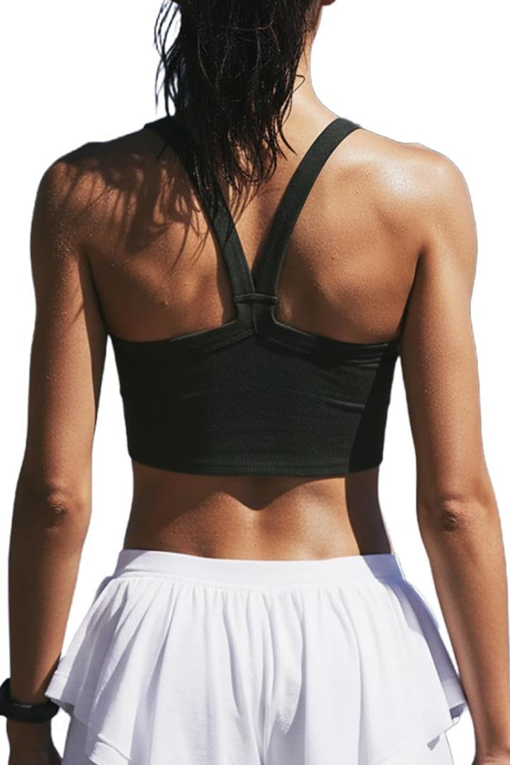 Ribbed Cropped Workout Top Fitted Stretch Yoga Tank Tops for Women (Black, M)