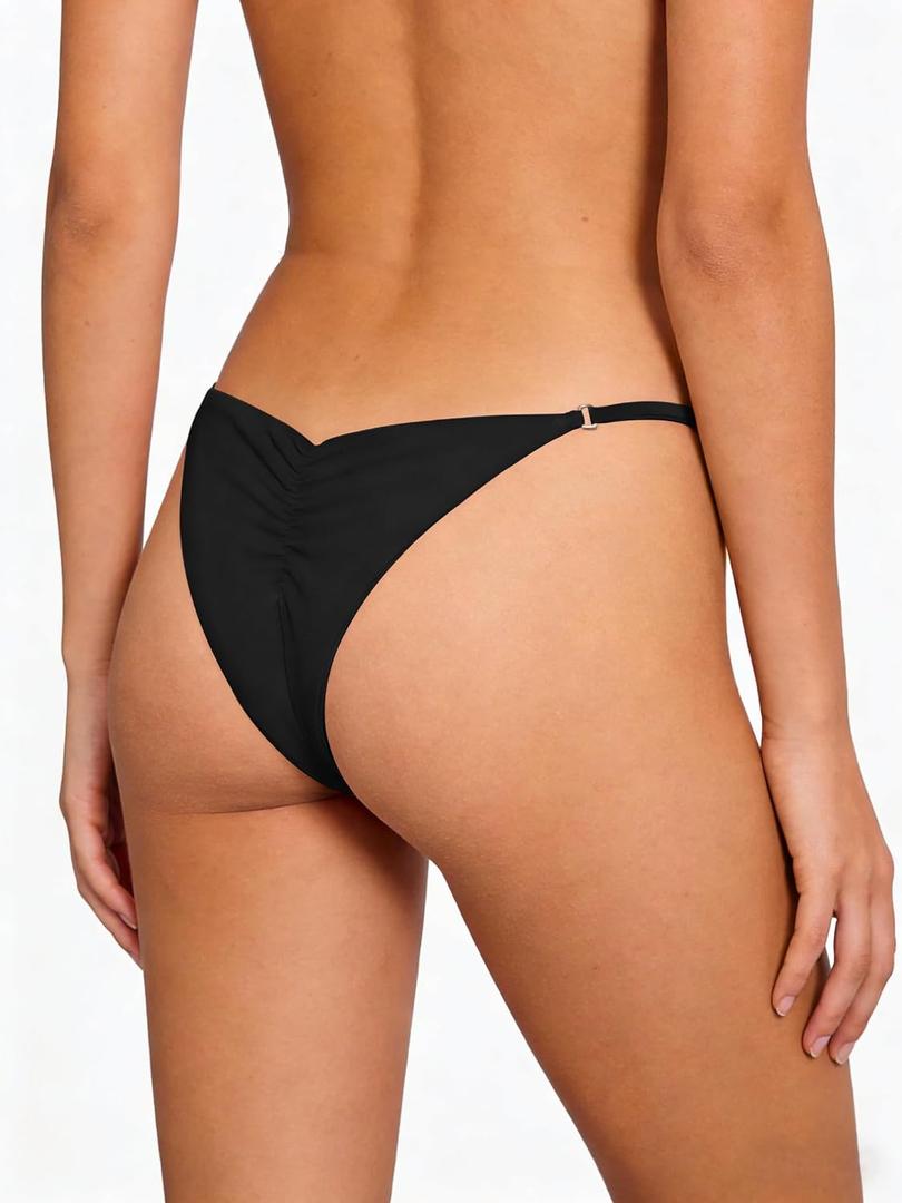 Women's Low Rise Bikini Bottom with Side Straps Cheeky Cut Strappy Thong Swim Bottom Stretchy Swimsuit Brief (Black) L