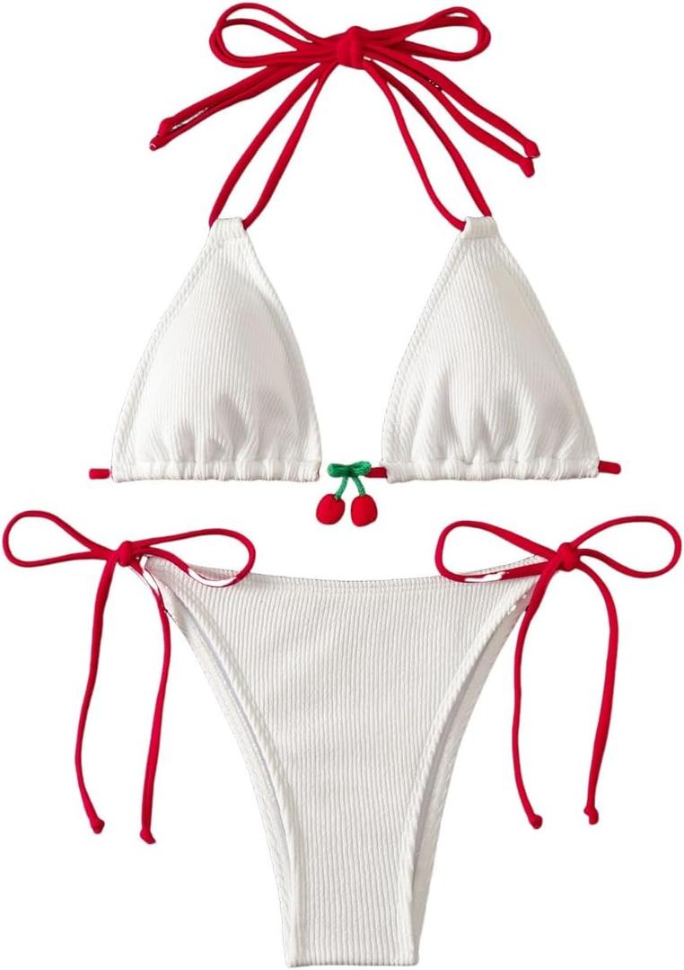 GORGLITTER Women's Cherry Bikini Set High Cut Thong Colorblock Halter Triangle Swimsuit Bathing Suit Summer Fashion (Large, Red and White)