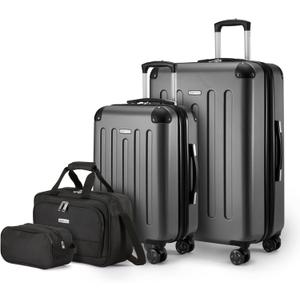 Amazon Basics 4-Piece Luggage Set, Hardside Suitcases with Spinner Wheels (22" Carry On & 28" Checked), Tote Bag & Travel Bag, Black