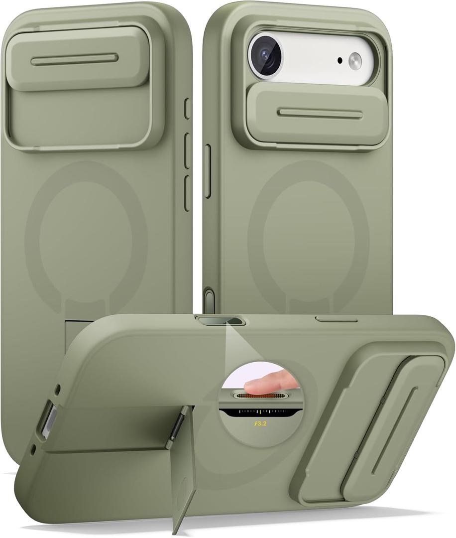 SURITCH for iPhone Air Case with Camera Control Cover, Camera Slide Cover and Adjustable Kickstand, Compatible with MagSafe, Shockproof Bumper Protective Cases for iPhone 17 Air 6.5 Inch, Green
