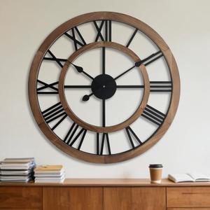 Blueprint Ivy 24 Inch Large Rustic Wall Clock Silent Non-Ticking Wooden Wall Clocks with Roman Numerals Farmhouse Decorative Clock for Living Room Bedroom Office (Brown, 24 Inch)
