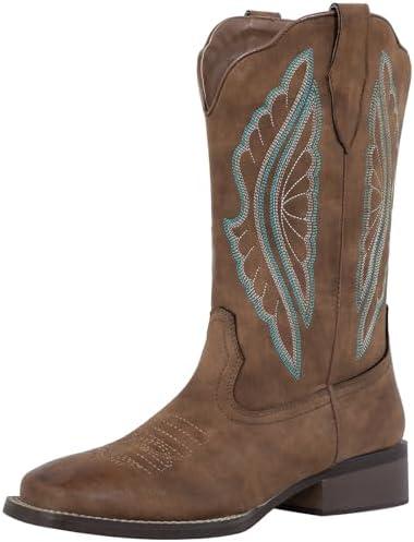 J's.o.l.e Women's Cowboy Boots Square Toe Wide Calf Cowgirl Boots Western Work Boots Embroidered 38