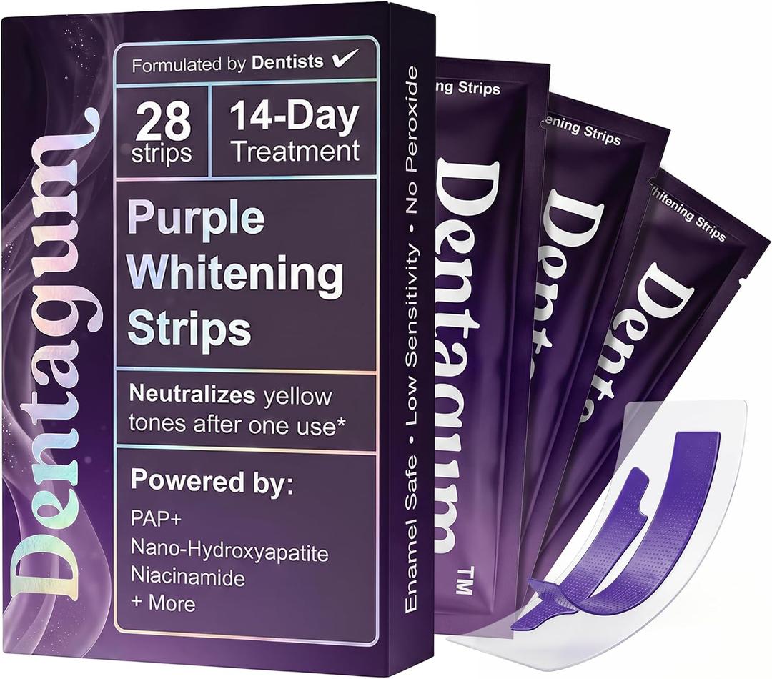 Purple Whitening Strips for Teeth - 28 Strips - Teeth Whitening Strips with Pap+ & Nano Hydroxyapatite - Enamel Safe, Low Sensitivity, Removes Stains Fast