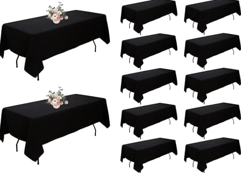 Dugpit 12Pack Black Rectangle Tablecloths - 60x102 Inch Polyester Tablecloths for 6 Foot Tables, Wrinkle Resistant Washable Fabric Black Table Clothes for Christmas, Wedding, Banquet, Party