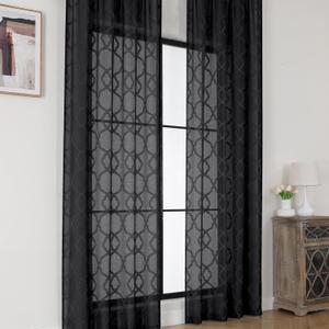 OWENIE Sheer Curtains 72 inches Long 2 Panels Set, Light Filtering Top Rod Pocket Semi Sheer Door Curtains, Modern Textured Geometric Jacquard Clip Black Curtains for Bedroom Living Room, 40Wx72L inch (42"W x 72"L (Pack of 2))